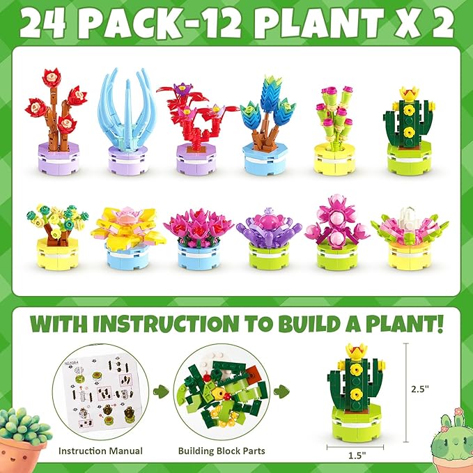 Asoulin Valentines Day Gifts for Kids, 24 Pack Succulents Plants Building Blocks with Valentines Day Cards for Kids School Classroom, Class Valentines Gift Exchange Valentine Basket Stuffers Fillers