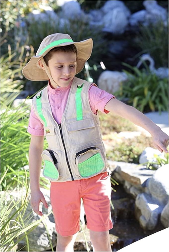 Safari Outdoor Exploration Vest Set for Fishing Hunting Outdoor Exploration (Adult S/M, Tan Vest with Hat)
