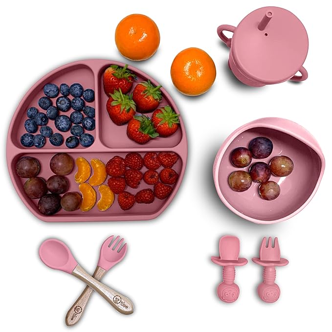 O'doe 17-Piece BPA-Free Silicone Baby Feeding Set | Thick & Soft Suction Plates, Baby Bowls, Wooden Fork & Spoon, and More | Make Mealtime Fun and Easy for Your Little One | Pink, V2