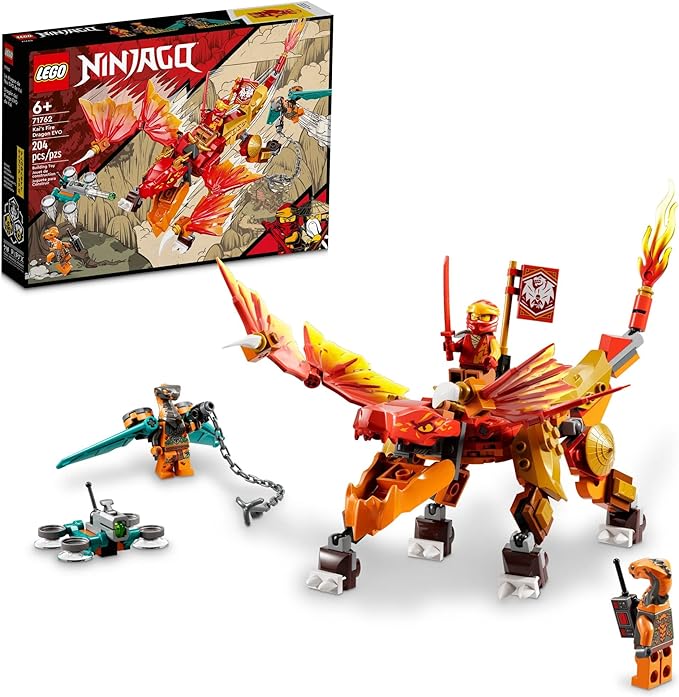 LEGO NINJAGO Kai’s Fire Dragon EVO Toy 71762 for Kids with Cobra & Boa Snake Warrior Figures and Kai Minifigure, Collectible Mission Banner Series