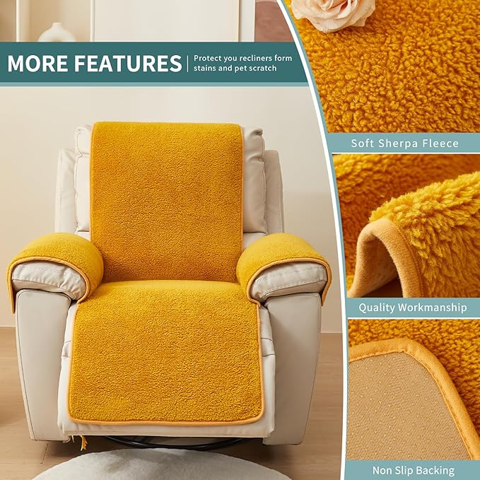 vctops Sherpa Fleece Recliner Chair Cover Super Soft Warm Plush Sofa Slipcover Furniture Protector Non Slip Washable Reclining Chair Cover for Kids, Pets (Yellow,30"x91")