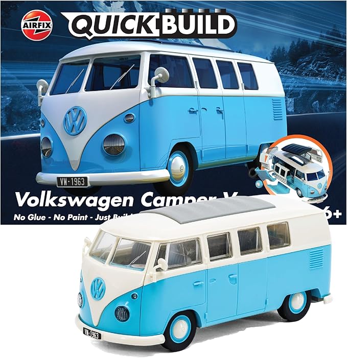 Airfix Quickbuild Volkswagen Light Blue Camper Van Brick Building Model Kit, Multicolor