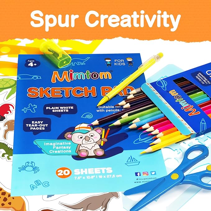 Mimtom Drawing Stencil Kit for Kids, 51 PC Art Set with 240+ Shapes, Sketch Pad, and Colored Pencils for Children's DIY Arts and Crafts, Draw with Animal, Letter and Car Stencils, Blue