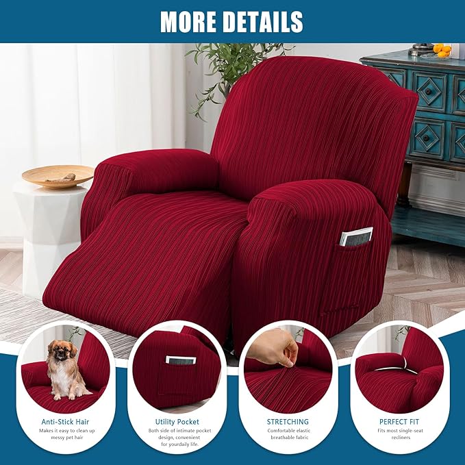 Recliner Cover Stretch Soft Couch Cover for Dogs, Sofa Slipcover for Recliner Couch Leakproof Furniture Protector for Kids, Pets (Wine)