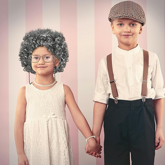 Old Lady Costume for Kids, 100th Day of School Cosplay Black White Curly Wig Glasses Wig Cap Necklace Bracelet Accessories