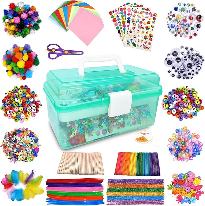 Irichna 1000+ Pcs Art and Craft Supplies for Kids, Toddler DIY Craft Art Supply Set Included Pom Poms, Pipe Cleaners, Feather, Folding Storage Box - All in One for DIY Craft Set (Green)