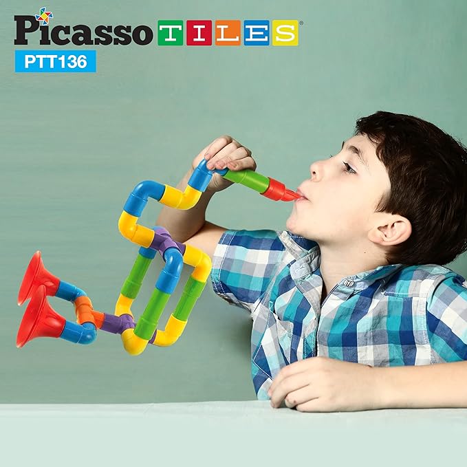 PicassoTiles PTT136 136pcs Tubular Pipes & Spout STEAM Interlocking Educational Building Block Set, Tube Locks, Pipeworks Construction Blocks w/Storage Container Box, Idea Book, Flute Musical Kit