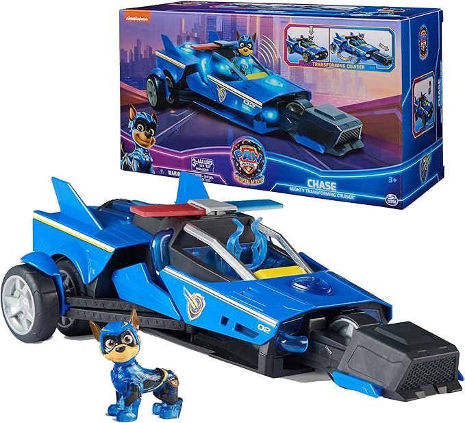 Paw Patrol: The Mighty Movie, Chase's Mighty Transforming Cruiser with Mighty Pups Action Figure, Lights and Sounds, Kids Toys for Boys & Girls 3+