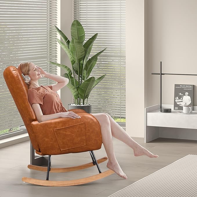 VECELO Rocking Chair Nursery with Thick Headrest, Modern PU Upholstered Reading Glider Rocker Accent Armchair with High Backrest, Padded Seat, Side Pocket, for LivingRoom, Bedroom, Baby Room, Brown