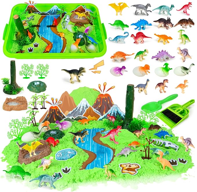 Hymaz Dinosaurs Sensory Bin , 47 pcs Dinosaurs Park Set Sensory Bins for Kids 2-4 5-7, Kids Play Sand for Sandbox Toys, Sandbox with lid, Kid Sensory Sand kit Birthday Gift for Toddler Age 3-8