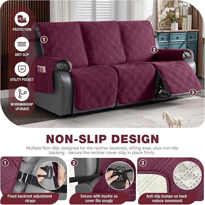 TAOCOCO 100% Waterproof Recliner Sofa Cover, Non Slip Split Couch Covers for Reclining Couches with Elastic Straps, Washable Reclining Sofa Cover Furniture Protector for Kids Pets(3 Seater, Wine)
