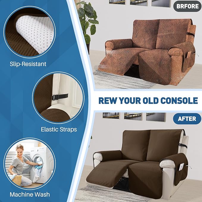 Easehomey 100% Waterproof Recliner Loveseat Covers Non-Slip Sofa Cover for Reclining Couch 2 Seat, Recliner Couch Cover Furniture Protector for Kids Pets with Elastic Band Two Pockets (Coffee, 2 Seat)