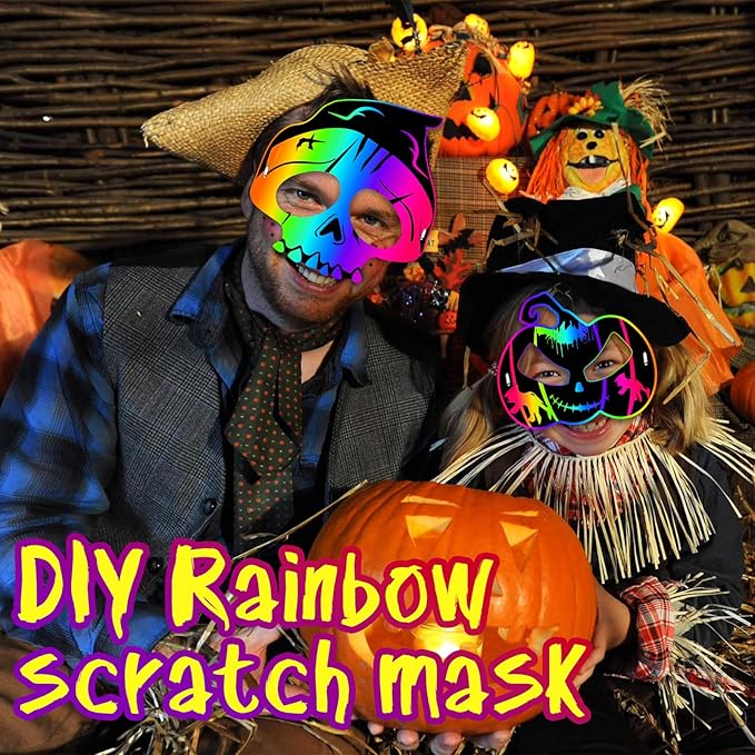 JMUQ Halloween Crafts Scratch Mask for Kids, 36Pcs Halloween Games Scratch Art Craft Kit Rainbow Scratch Paper for Halloween Party Favors Supplies Classroom Favors Halloween Activities