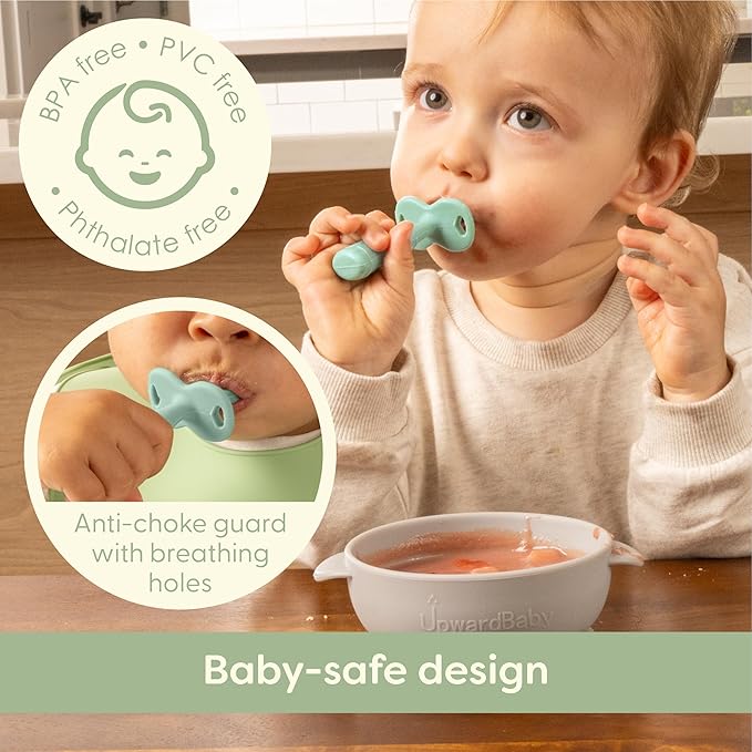 Upward Baby Spoons Self Feeding 6+ Months - 3 Pack, Chewable Toddler Utensils with Anti Choke Barrier, Baby Feeding Essentials, Baby Spoons 4 months, Silicone Baby Spoons, Pink