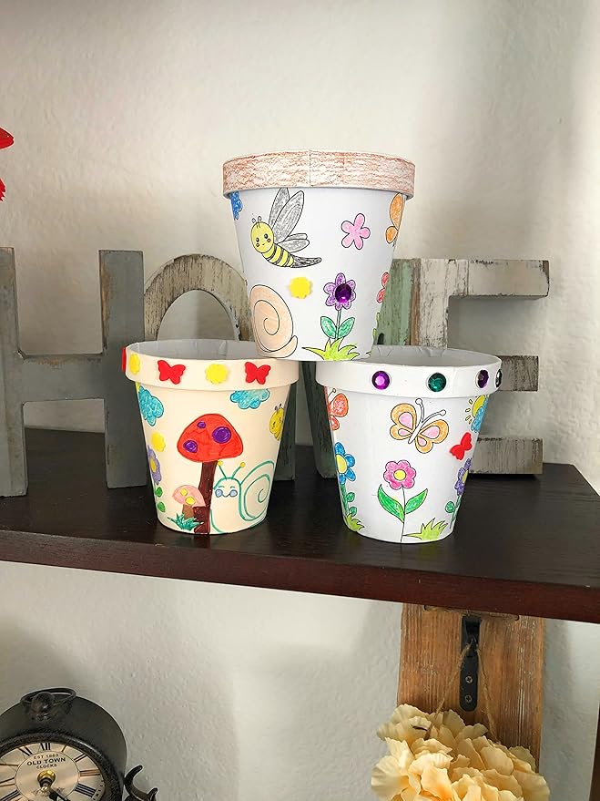 Deluxe Classroom Bulk 12 Pack of Decorate Your Own DIY Cardstock Craft Flower Pots with Hundreds of Foam Flowers and Bugs, and Acrylic Gems and Jewels