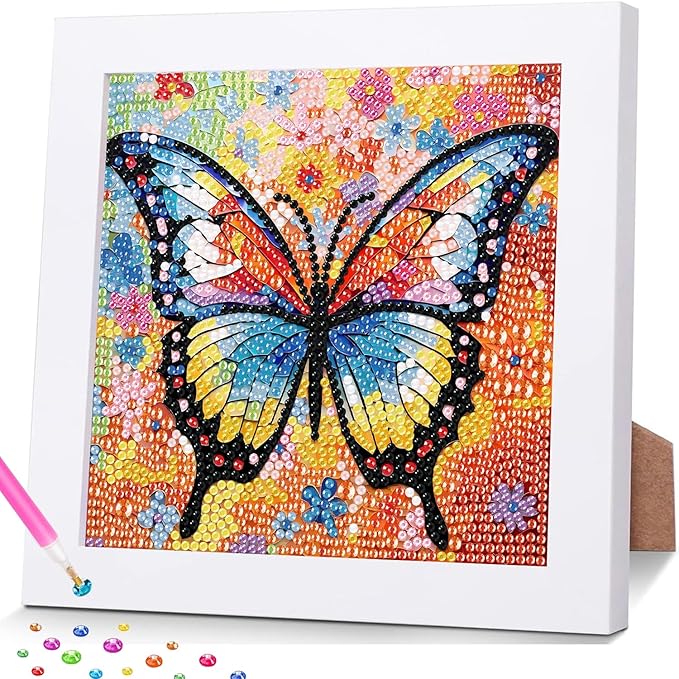 hkejoi Butterfly Diamond Art Painting Kits for Kids with Frame,Butterfly Diamond Art for Kids Ages 4-6-8-12,Easy Kids Gem Art Kit with Cartoon Box for Gift Home Wall Decor 7x7 inch