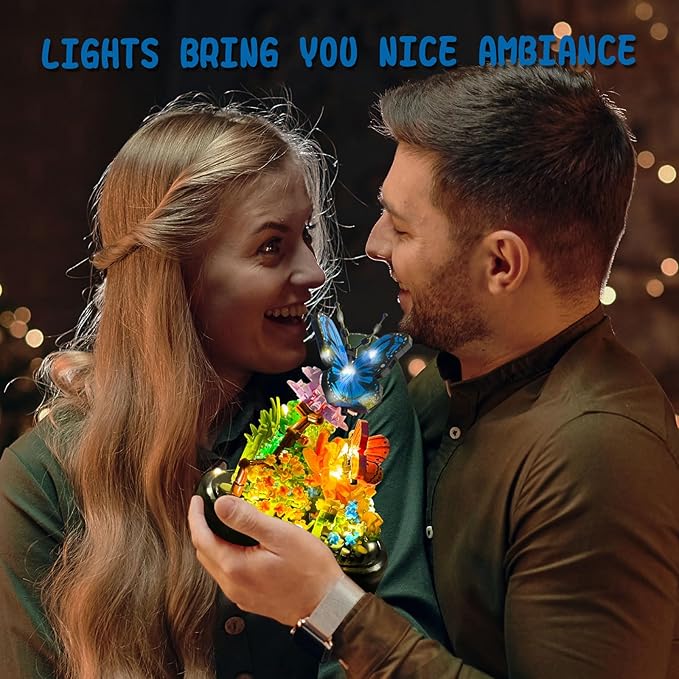 Topdear Flower Bouquet Building Set with LED String Light, Butterfly Flower Botanical Collection, 530 Pcs Mini Bricks Building Blocks Toy for Kids, Adults, Gift for Mother's Day, Christmas