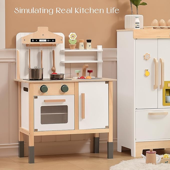 PairPear Play Kitchen for Kids, Wooden Toys Kids Kitchen Playset for Girls and Boys, Mordern Designed Toys Kitchen Gift with Play Food Kitchen Accessoires for 3Y+