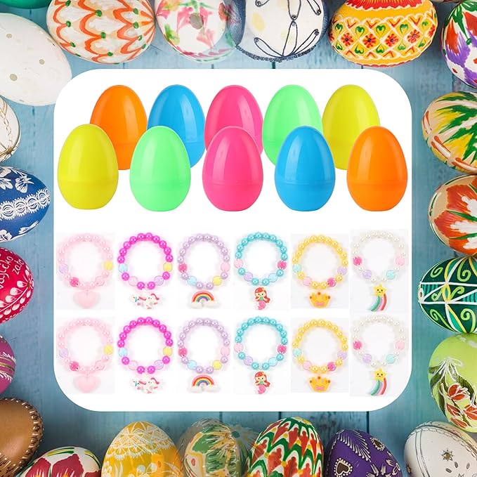 xutengy 12Pcs Easter Egg Fillers Beaded Bracelets，Surprise Easter Egg Toy for Boys Girls Toddlers Easter Basket Stuffers Gifts Party Favors Gifts