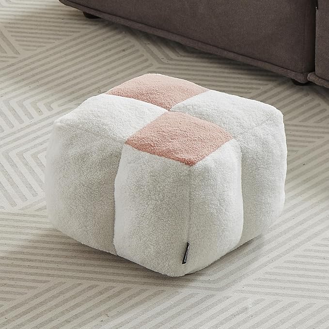 Louis Donné Stuffed Pouf Ottoman, Pouf with Memory Foam Filler, Ottoman Pouf for Foot Rest, Fabric Bean Bag Cubes, Boho Footstool for Living Room Bedroom, Two-Color Splicing Pouf (Pink)