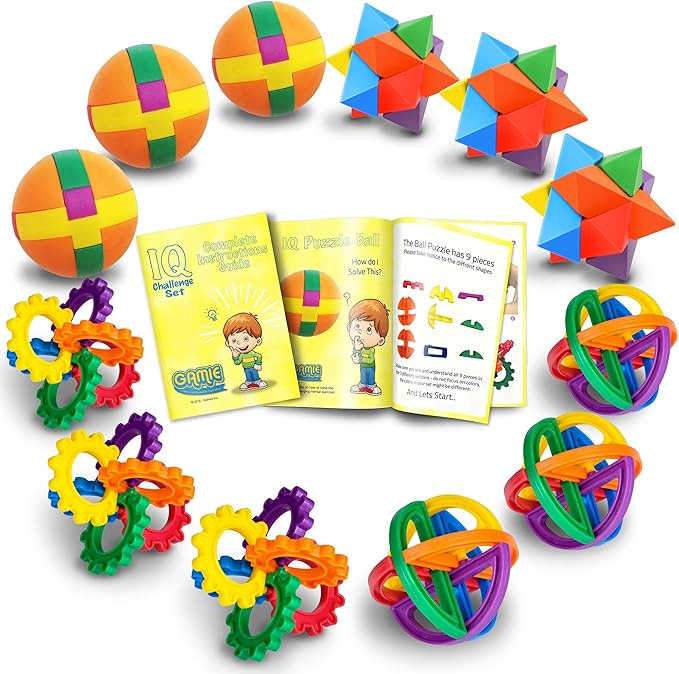 IQ Challenge Set, Fun Puzzle Balls with Free Colorful Instruction Guide by Gamie, Party Games, Fidget Brain Teaser Puzzles, Includes 12 Fun and Challenging Puzzle Balls, Great Educational Toy for Kids