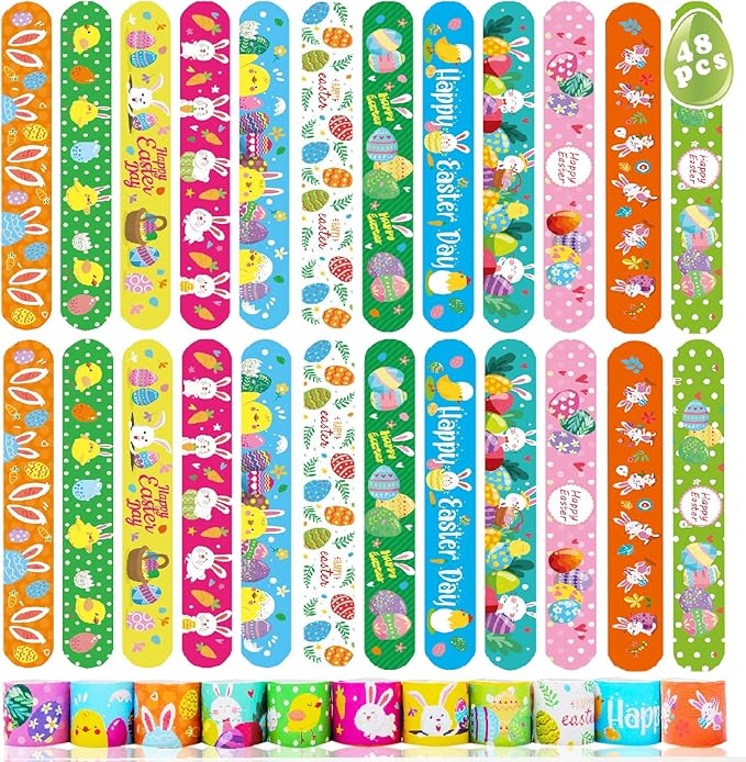 Viicoor Easter Slap Bracelets 48 PCS Snap Bracelet Party Favors Basket Bag Filler School Prizes Birthday Gifts Party Favors Easter Gifts Bulk (#20-Easter-48pcs)