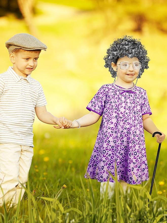 Old Lady Costume for Kids, Girls 100 Day of School Cosplay Black White Curly Wig Cap Glasses Cane Necklace Bracelet