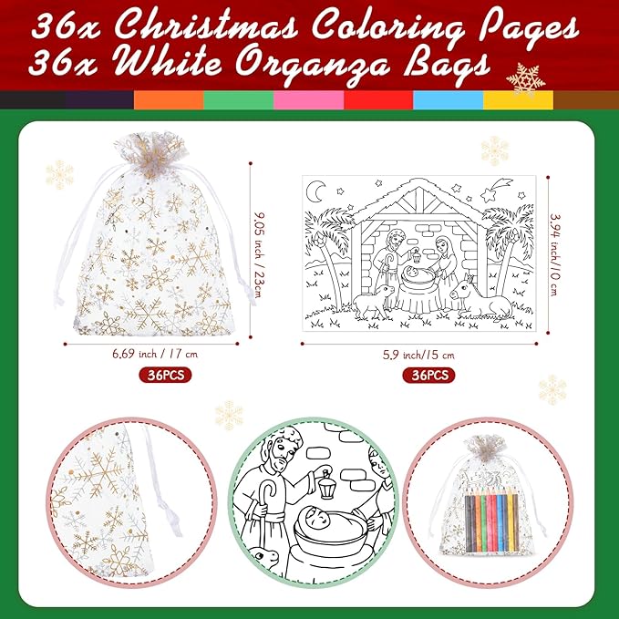 Qilery 36 Sets Christmas Activities Nativity Scene Coloring Page Bulk for Kids Coloring Page with Coloring Pencils and Organza Gift Bag Xmas DIY Art Drawing Page for Kids School Party Favor