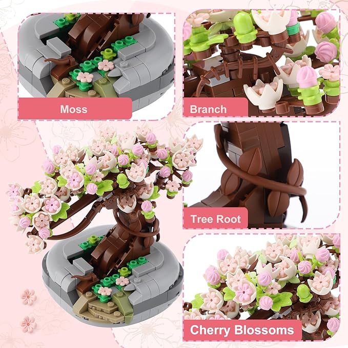 Cherry Blossoms Celebration Gift, Buildable Floral Display for Creative Kids, Spring Flower Room Decor or Office Art, Spring Flower Gift for Girls and Boys Aged 6 and Up