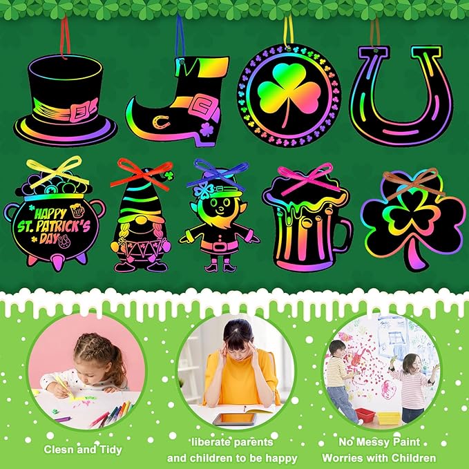 FEBSNOW 48 PCS St. Patrick’s Day Crafts for Kids, Rainbow Magic Scratch Art Shamrock Hanging Ornaments Scratch Paper Cards for St Patricks Day Party Favors Kids School Classroom DIY Crafts Decorations