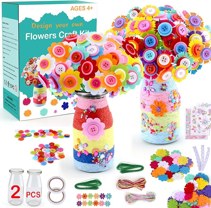 Crafts for Girls Ages 4-12 Gift Make Your Own Flower Bouquet with Buttons Felt Flowers, Valentines Day Gifts Vase Art and Craft for Kids- DIY Activity for Boys & Girls Age 6 7 8 9 10 11 12 Year Old