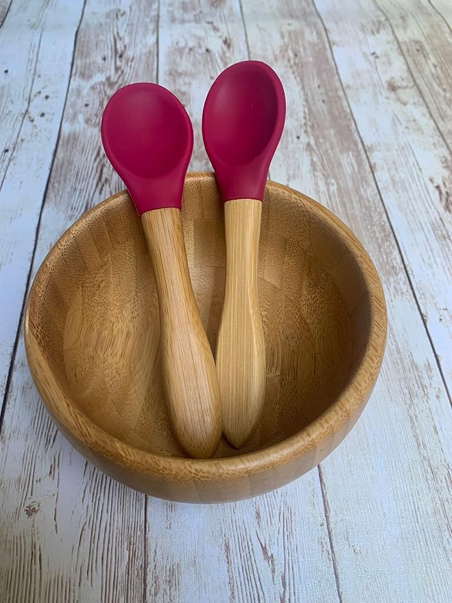 Babynow Bamboo Baby Spoons Self-Feeding Supplies for 6+ Months Babies & Toddlers in Bamboo & Soft Tip Designs BURGUNDY Pack of 2