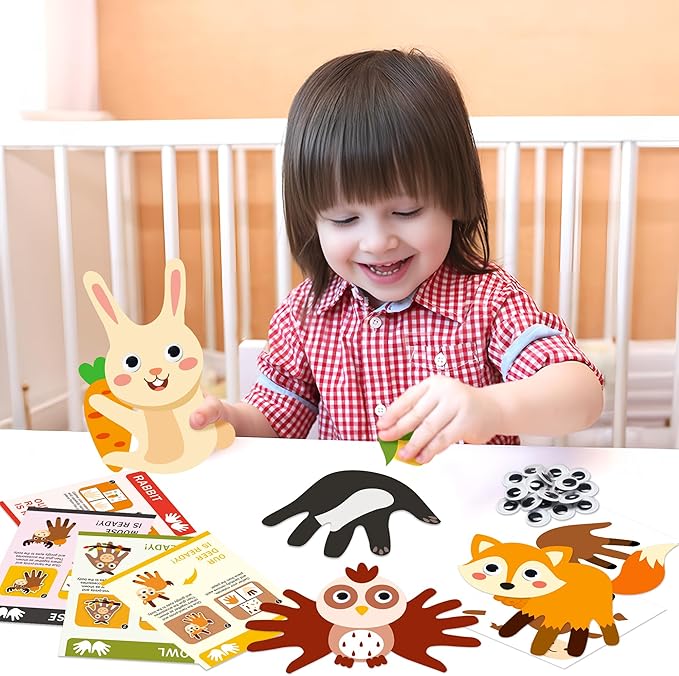 WATINC 12Pcs Woodland Animal Handprint Art Craft, Rabbit Hedgehog Owl Easy DIY Kit, Forest Animals Themed Arts Supplies Preschool Classroom Hand Print Activity Party Favors