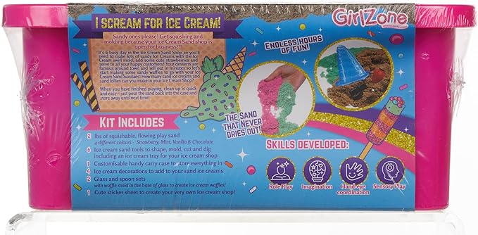 GirlZone Ice Cream Shop Play Sand for Kids, 22pcs Moldable Sand Kit - Serving Tools, Glasses, Spoon, Decorations, Stickers & 2lbs Colorful Sand, Fun Kids Sensory Toys, Ideal Easter Gifts for Kids
