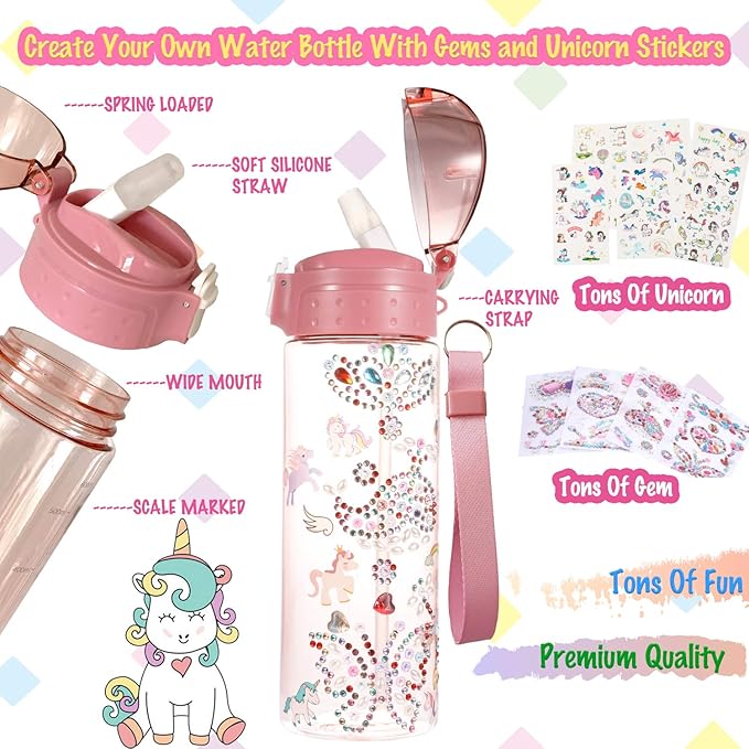 Y YOFUN Decorate Your Own Water Bottle with Tons of Glitter Gem & Unicorn Stickers, BPA Free Tritan Material, 20 oz, Kids Craft Kit & DIY Art, Gift for Girl Age 4 5 6 7 8 9 10 Years Old