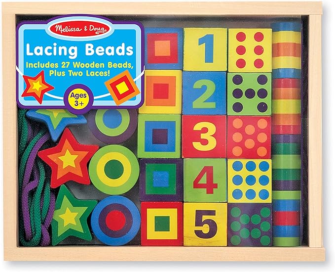 Melissa & Doug Deluxe Wooden Lacing Beads - Educational Activity With 27 Beads and 2 Laces