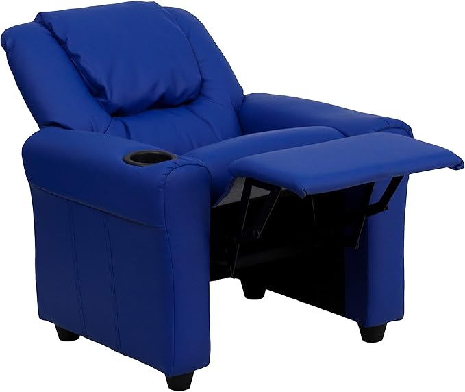 Flash Furniture Vana Vinyl Kids Recliner with Cup Holder, Headrest, and Safety Recline, Contemporary Reclining Chair for Kids, Supports up to 90 lbs., Blue