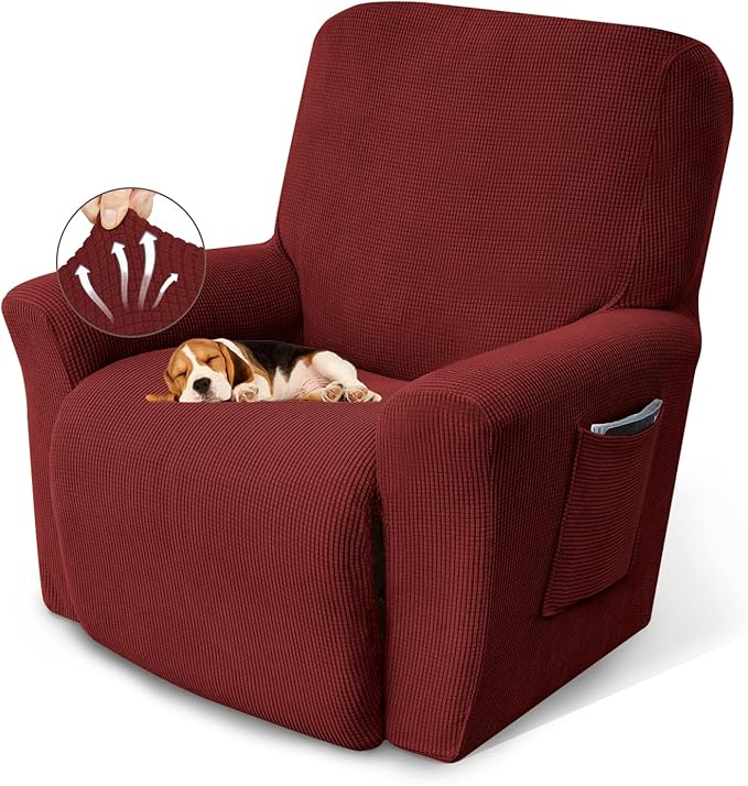 KEKUOU Recliner Chair Covers Lazy Boy Recliner Covers Stretch Couch Cover Slipcovers 1 Piece Furniture Protector with Elastic Bottom (Recliner, Dark Red)