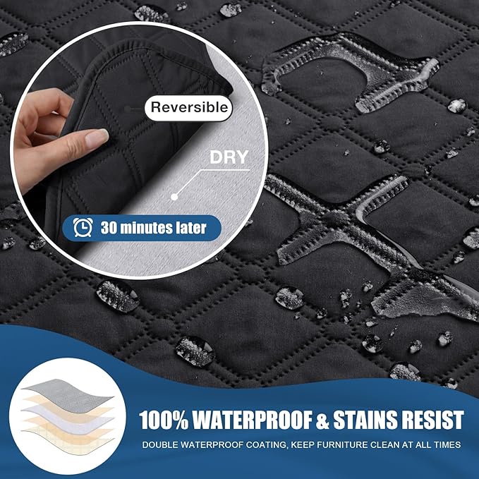 TAOCOCO 100% Waterproof Recliner Covers, Recliner Sofa Covers with Leg Straps, Reversible Recliner Couch Cover for Reclining Chair, Washable Couch Protector for Pets Kids(2 Seater, Black)