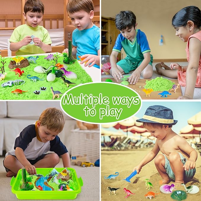 Dinosaur Sensory Bin Toys, 49 Pcs Dinosaur Sandbox Sand Kit with 2.2lb Magic Sand & Dinsoaur Figures,Sandbox with lid, Play Sand Kit, Kid Sensory Bins Birthday Gift for 3 4 5 6 7 8 Years Old