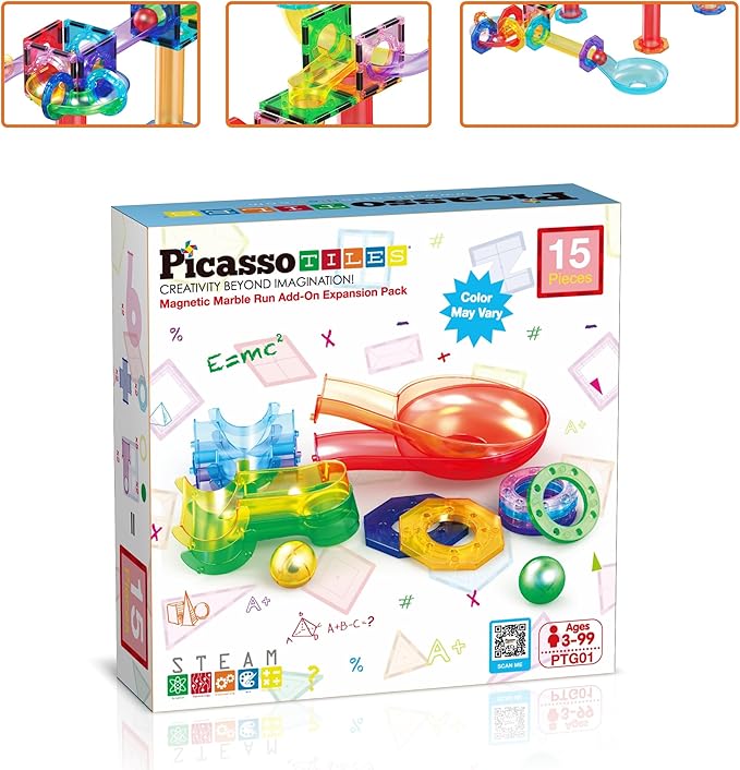 PicassoTiles Magnetic Marble Run Add-On Expansion Pack for Magnet Tile Building Blocks Maze Construction Toy Kit Educational STEM Learning Enhances Creativity Imagination Children Ages 3+ PTG01