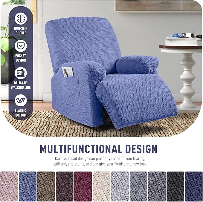 KinCam Recliner Covers, Stretch Reclining Chair Covers, Recliner Sofa Slipcovers Stripe Jacquard Recliner Couch Covers Furniture Protector Covers for Pet Kid (1 Seater, Lake Blue)