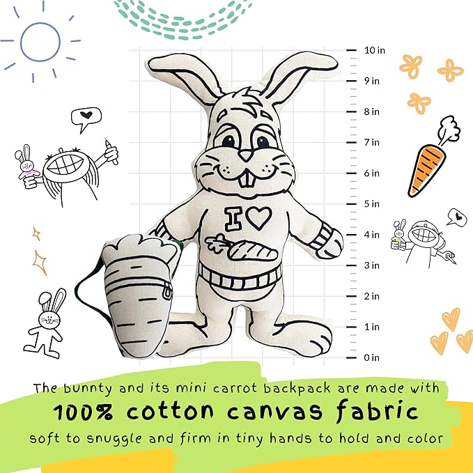 Color Your Doll - Bunny with Mini Carrot Backpack - Washable Markers Included - Reusable, Educational Art & Crafts Toy for Kids - Play, Wash, Repeat - Creative Gift for Easter Basket