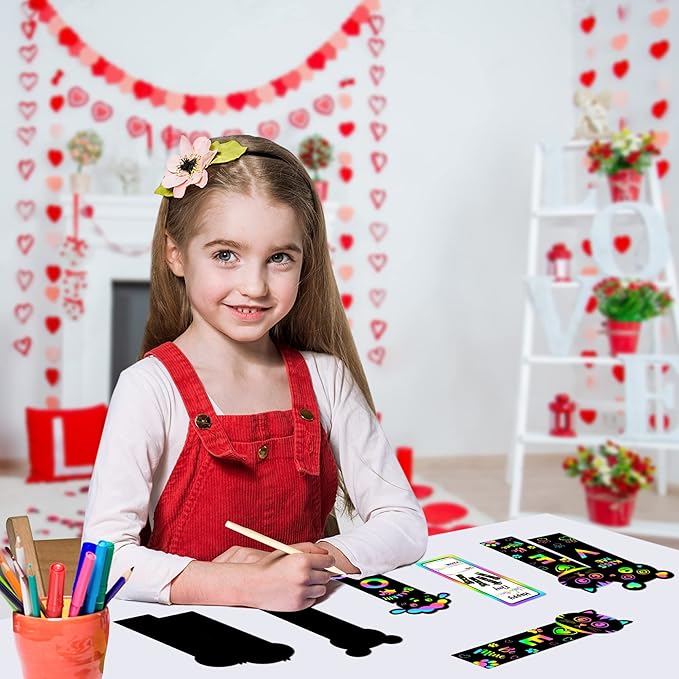 WATINC 28 Set Valentine's Day Animals Scratch Bookmarks with Cards for Kids, Valentine Scratch Off Card Art Craft Kit, Exchange Gift DIY Magic Color Paper for Classroom School Home Party Favor