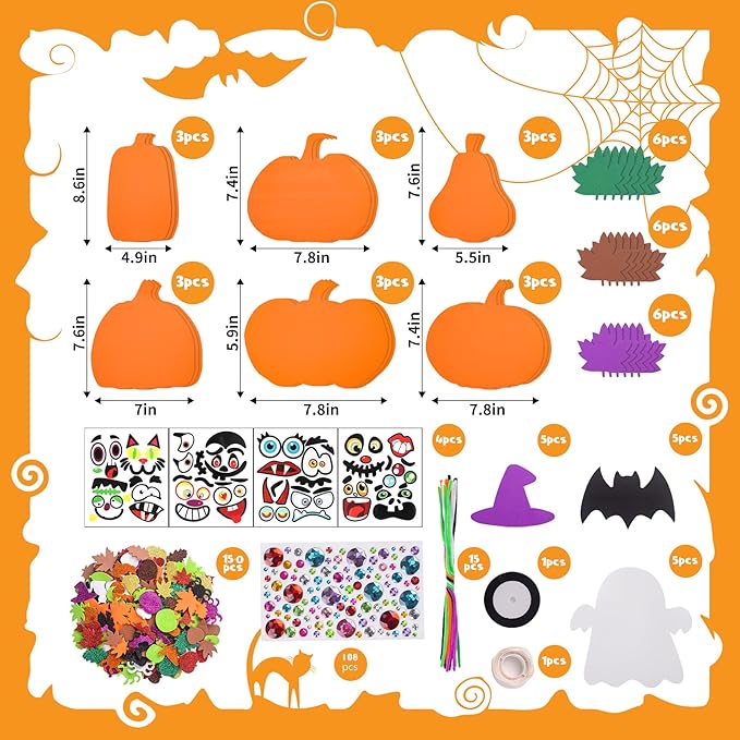 Thanksgiving Pumpkin Foam DIY Craft Set,330 Pc Fall Pumpkin Ghost Spider Bat Autumn Pumpkins Crafts Favors Supplies for Kids DIY, Halloween Witch Craft Kit for Kid Classroom Party Activities