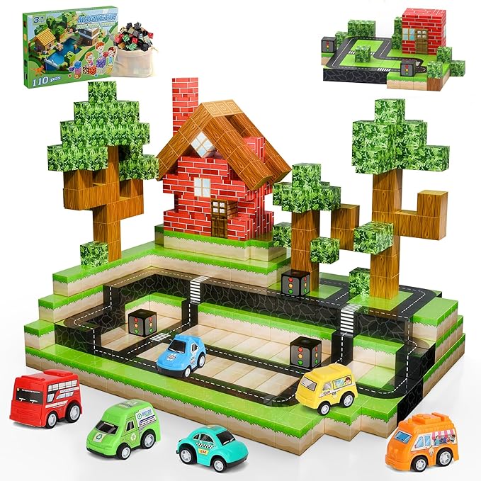 Magnetic Blocks 110PCS with 5 Car Toys, City Building Blocks Set, Toys for Boys & Girls Age 4-6, 6-8, Stacking Building Toys for Toddlers Sensory Toy for Kids 3+