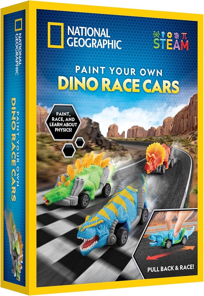 National Geographic Pull Back Dinosaur Race Cars Craft Kit - Paint 3 Dinosaur Racecars with 6 Paint Colors, Dinosaur Toys for Kids, Kids Painting Kit, Dinosaur Cars, Arts & Crafts for Kids