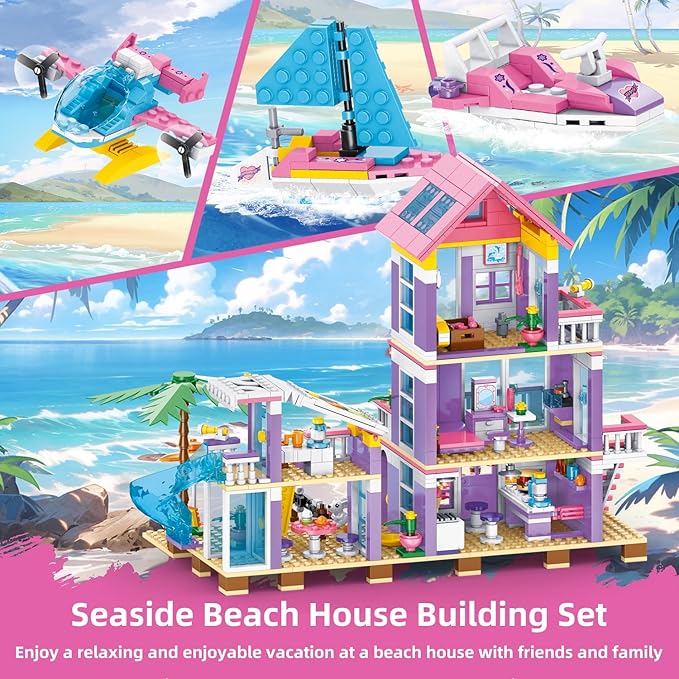 955 Piece Beach House Building Set,Seaside Beach Villa Building Toys Friends Vacation Hut Blocks Set,STEM BuildingToys with Helicopter,Yacht,Sailboat,Christmas Birthday Gift for Girl Age 6-12+
