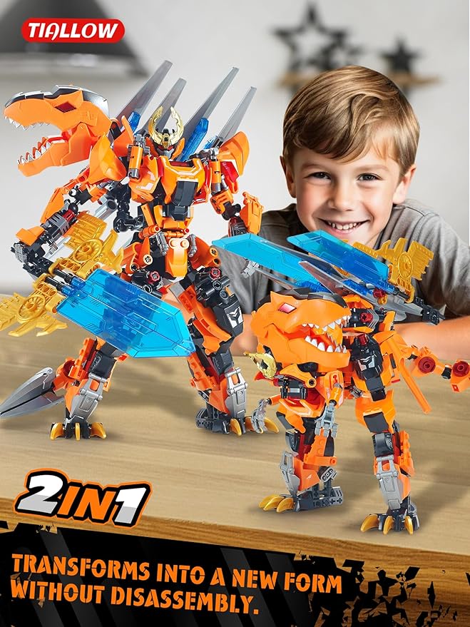 T-Rex Mech 2-in-1 Building Set, Dragon Transforming Building Blocks Toy, Dino Park Kit Dinosaurs Robot Action Figures Model, Birthday for Boys, Adult Age 8-12 (T-Rex)