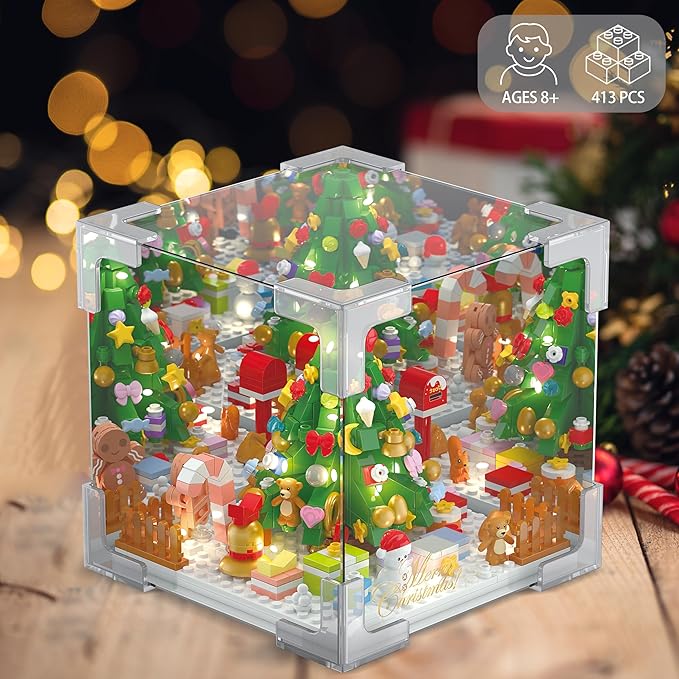 Wowok Christmas Tree Building Blocks Set, LED Infinity Mirror Cube, DIY Night Light Building Toy, Christmas Home Decoration Table Lamp Lovely Xmas Gift for Kids Adults Holiday Family Friends